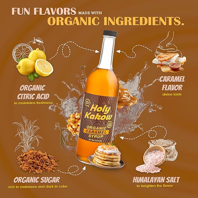 Holy Kakow Cafe Organic Caramel Syrup - Caramel Coffee Syrup, Organic Syrup for Coffee, Caramel Syrup for Coffee, Add to Latte, Cocktail and Shake, Real Food Ingredients, Specific Flavor - 750ml