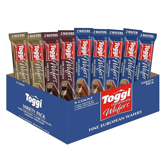 TOGGI Fine European Chocolate Wafers, Variety Snack Box, Milk Chocolate, Dark Chocolate, and Hazelnut (1.75 oz 9 Count)