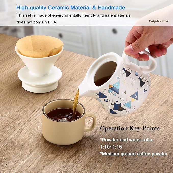 Pour Over Coffee Maker, Ceramic Coffee dripper with 100 pcs Size 02 Paper Filter, Ceramic coffee Server with Lid, 15.5oz/450 ml, Suitable for 1-2 people (White A)