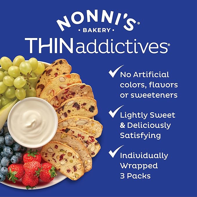 Nonni's THINaddictives Almond Thin Cookies - Lemon Blueberry Biscotti Italian Cookie Thin - Almond Cookie - Sweet Crunchy & Chewy - Biscotti Individually Wrapped Cookie - Kosher Coffee Cookie - 4.4 oz