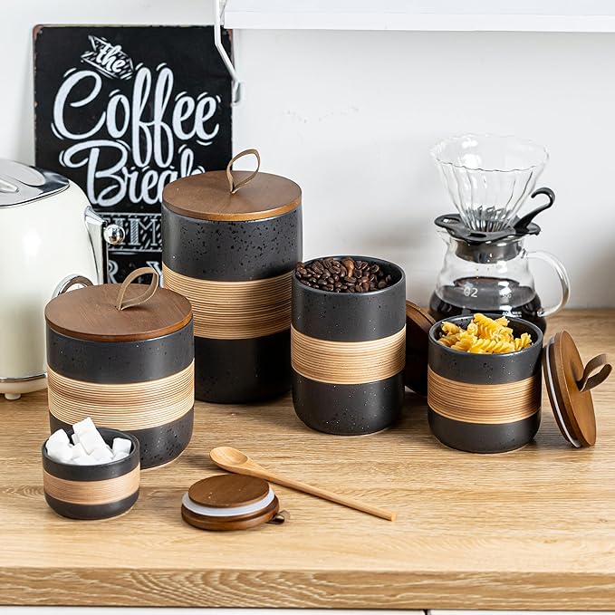 Small Ceramic Jar with Lid, Coffee Container Kitchen Food Storage Jars for Spice Sugar Tea Bag Matcha Container Airtight, Stacairtightkable Decorative Jars for Countertop, Black & 5 fl.oz