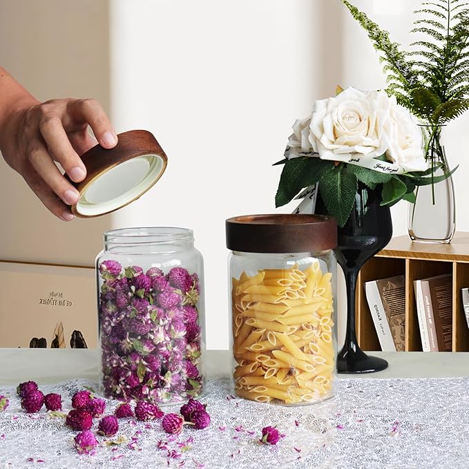 Airtight Glass Jars with Wooden Lid Glass Spice Jar Round Glass Storage Canister for Pantry Sugar Tea Coffee Bean Nuts Cookies Bath Salts (900ML*2PACK)