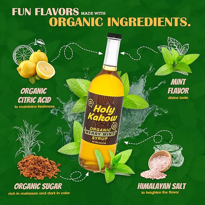 Holy Kakow Cafe Organic Mint Syrup - Mint Syrup, Coffee Syrup, Organic Syrup for Coffee, Mint Syrup for Coffee, Add to Latte, Cocktail and Shake, Real Food Ingredients, Specific Flavor - 750ml