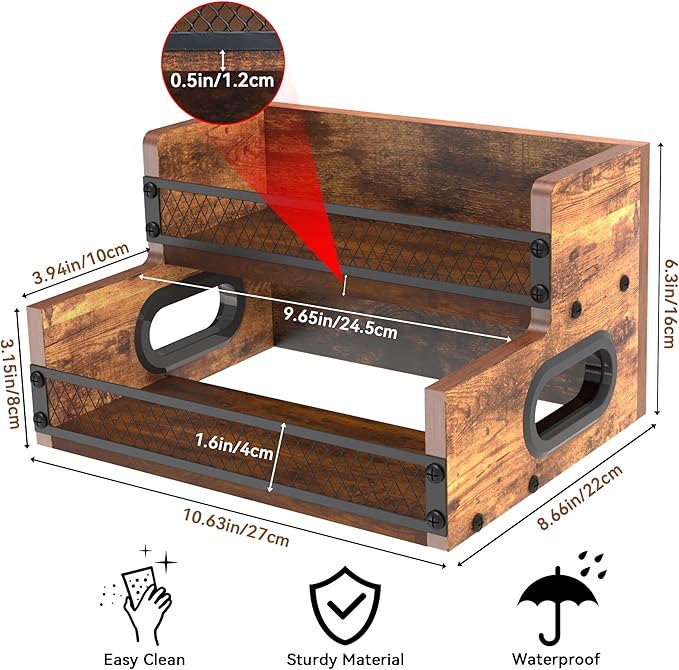 Liquor Bottle Display Shelf, Coffee Syrup Rack Organizer, 2 Step Countertop Liquor Wine Rack, 6 Bottles Coffee Station Organizer with Fences & Handles, Home Retro Bar Shelf Stand for Liquor Whiskey