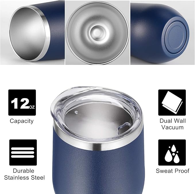 VEGOND Wine Tumblers Bulk 6 Pack, 12oz Stainless Steel Stemless Wine Glass with Lids and Straws, Double Wall Vacuum Insulated Tumbler Cup, Coffee Mug for Cold Hot Drinks