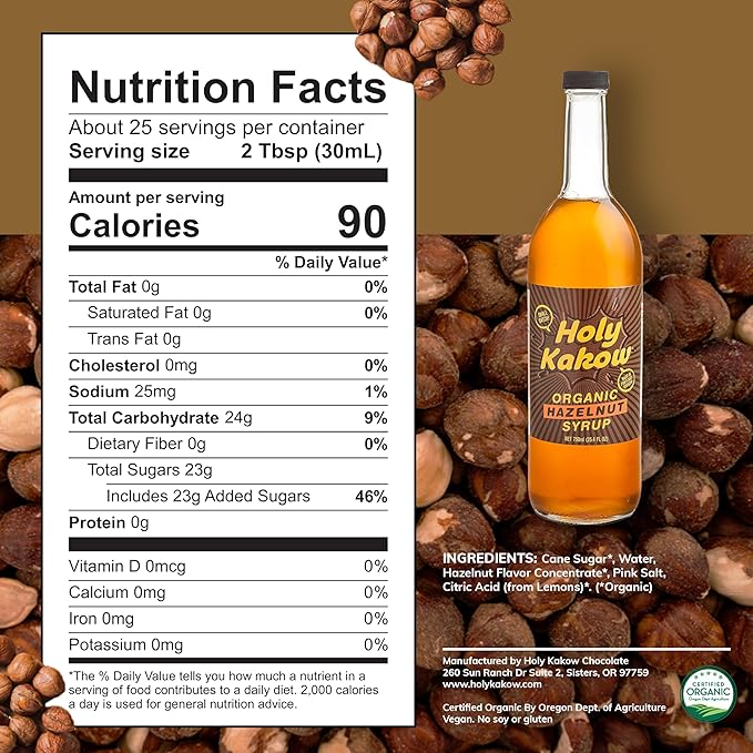 Holy Kakow Cafe Organic Hazelnut Syrup - Hazelnut Coffee Syrup, Organic Syrup for Coffee, Latte, Cocktail and Shake, Real Food Ingredients - 750ml