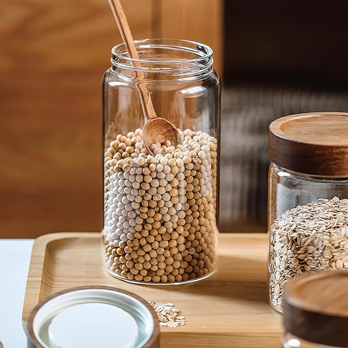 3 Pack 40 oz/1200 ml Clear Glass Storage Canister with Airtight Wooden Screw On Lid, Large Tall Decorative Glass Container Jar Set for Coffee, Nut, Tea, Candy, Cookie, Cereal, Sugar, Flour