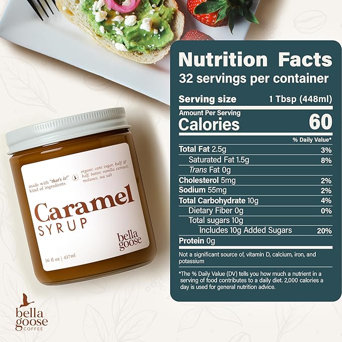 Bella Goose Salted Caramel Coffee Syrup (16oz) - Homemade Pure Cane Sugar Syrup for Lattes, Desserts, & Ice Cream - Clean Ingredient - No Artificial Flavors, Oils, Dyes, Preservatives - Syrups for Coffee Drinks