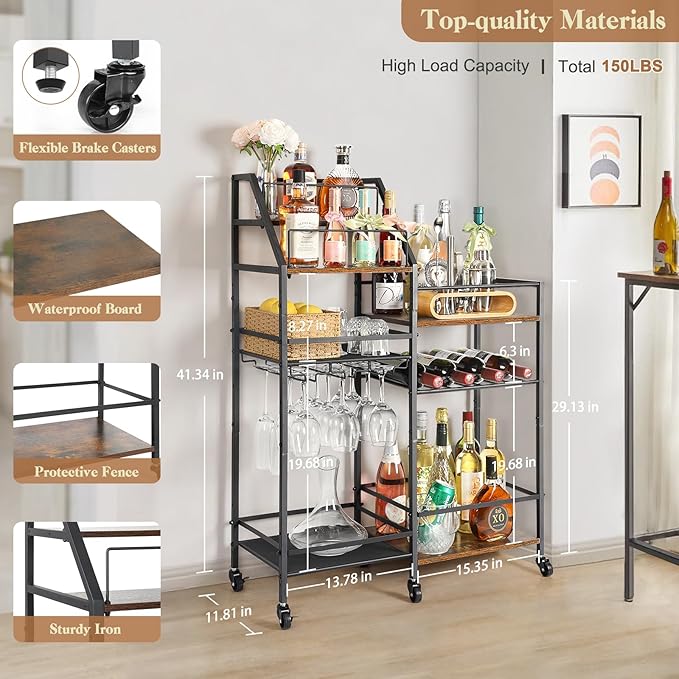 VINAEMO Rolling Bar Cart with Wine Glass Holder, Mini Bar for Whiskey Wine, Liquor Cart for Home, Alcohol Cabinet for Kitchen, Dining Room