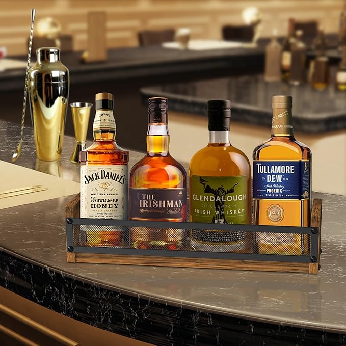 Alyoen Liquor Bottle Display Shelf, Coffee Syrup Rack Organizer, Countertop Liquor Wine Rack, 4 Bottles Coffee Station Organizer with Fences & Handles, Home Retro Bar Shelf Stand for Liquor Whiskey