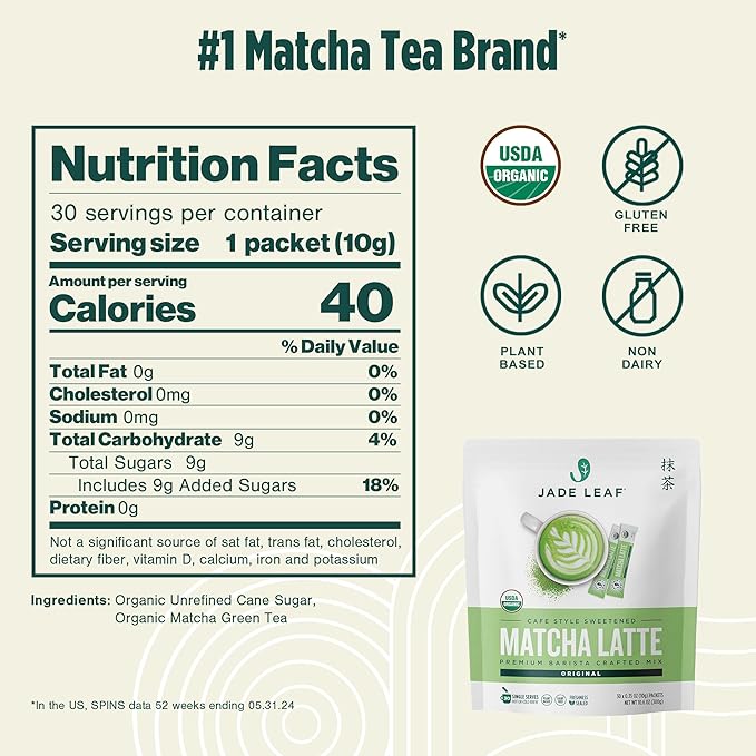 Jade Leaf Matcha Organic Cafe Style Sweetened Matcha Latte Green Tea Powder, Premium Barista Crafted Mix - Authentically Japanese, 30 Count (0.35 Ounce Stickpacks)