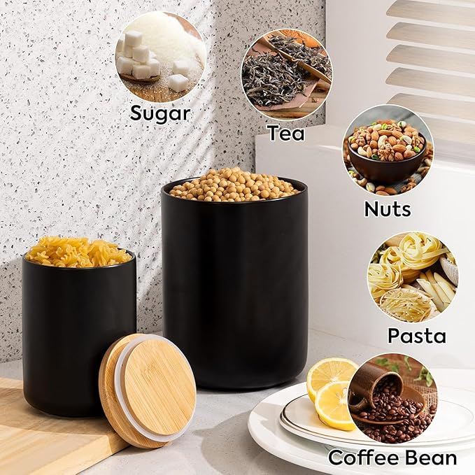 Yangbaga Black Canisters for Kitchen-Kitchen Canisters for Countertop with Airtight Wood Lids/Spoons/Stickers,Ceramic Kitchen Storage Containers for Large Flour,Suger,Coffee（32 OZ)