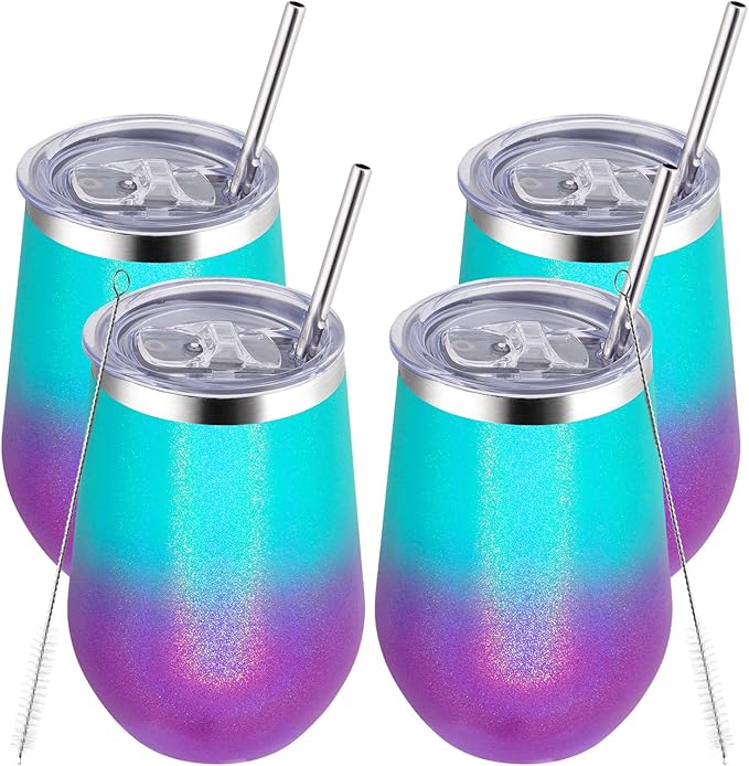 MEWAY 12oz Insulated Wine Tumbler Set of 4 - Double Wall Stainless Steel Stemless Wine cups Glasses with Lids, Gift for Family and Gifts, Prizes for adults(Glitter Aurora,Set of 4)
