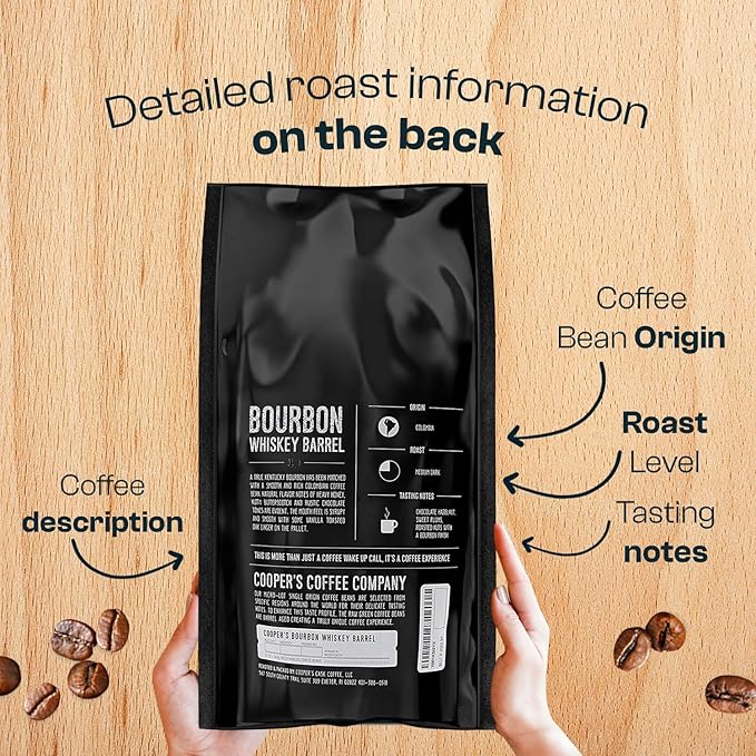 Bourbon Whiskey Barrel Aged Coffee - Whole Bean, Single Origin Grade 1 Colombian Aged in Kentucky Bourbon Whiskey Barrels - 5lb Bags