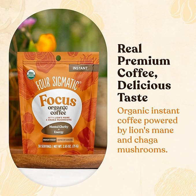 Four Sigmatic Organic Mushroom Coffee | Instant Mushroom Coffee Mix with Lion's Mane, Chaga and Rhodiola for Better Focus and Immune Support | 30 Serving Bag