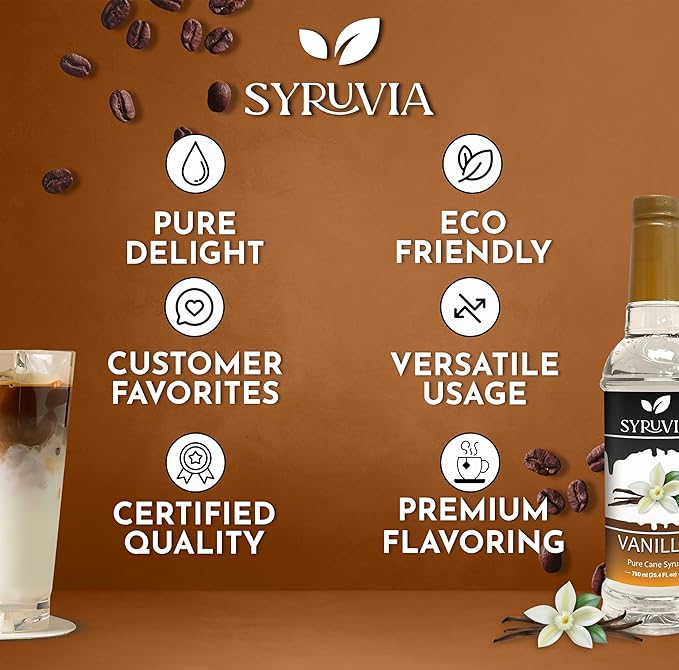Syruvia Coffee Syrup, Vanilla Flavored Syrup for Drinks, Lattes, and Desserts – 25.4 fl oz, With Pump