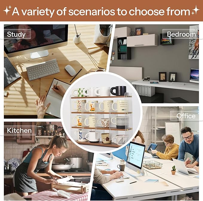 Coffee Mug Holder Wooden Cup Station Organizer 4-Tier Cup Holder for Coffee Bar Mug Display Rack for Countertop Mug Holder Shelf for Home Kitchen Nut Brown