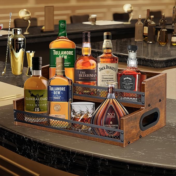 Liquor Bottle Display Shelf, Coffee Syrup Rack Organizer, 2 Step Countertop Liquor Wine Rack, 10 Bottles Coffee Station Organizer with Fences & Handles, Home Retro Bar Shelf Stand for Liquor Whiskey