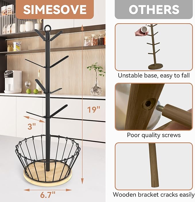 simesove Coffee Cup Holder with Basket, Non-Slip Cup Tree with 8 Hooks for K-Cups and Saucers, Wooden Stand Organizer for Counters, Bars and Kitchen Home Decor (Natural)
