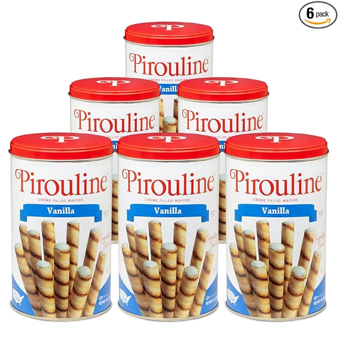 Pirouline – Vanilla Rolled Wafers – Rolled Wafer Sticks, Crème Filled Wafers, Rolled Cookies for Coffee, Tea, Ice Cream, Snacks, Parties, Gifts, and More – 14.1oz Tin 6 Pack