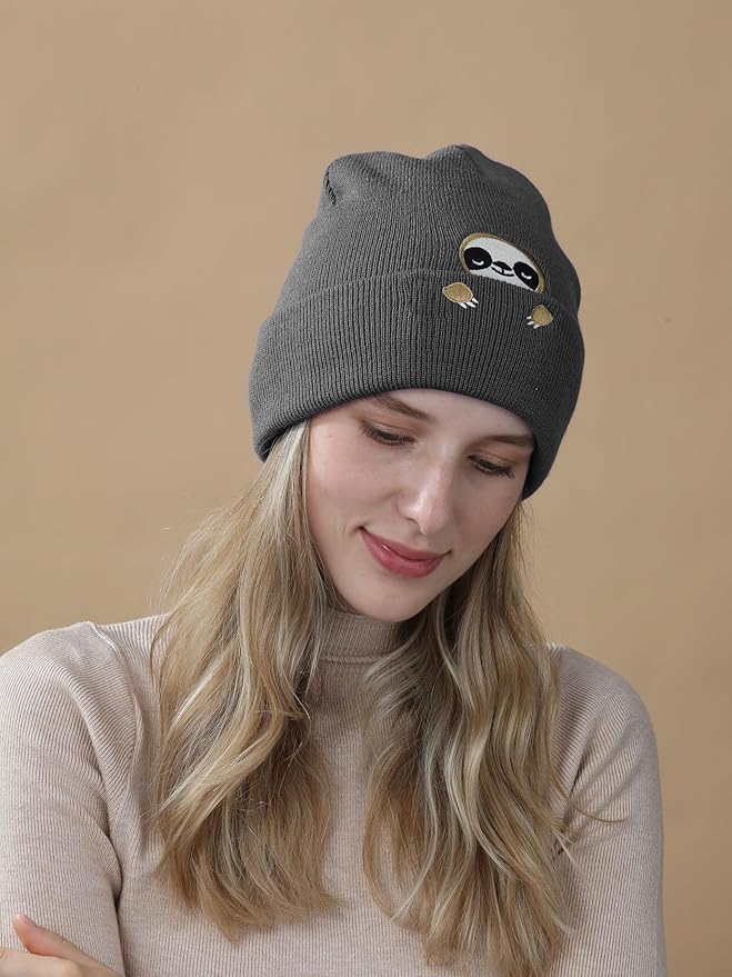 Sloth Gifts Hat Beanie for Women Men Coffee Lover Animal Funny Sloth Themed Accessories Related Decor Stuff