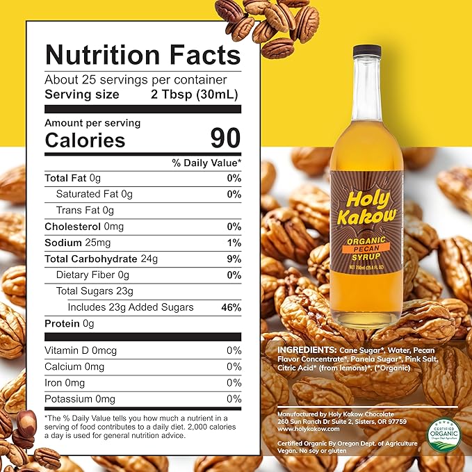 Holy Kakow Cafe Organic Pecan Syrup - Pecan Syrup, Coffee Syrup, Organic Syrup for Coffee, Pecan Syrup for Coffee, Add to Latte, Cocktail and Shake, Real Food Ingredients, Specific Flavor - 750ml