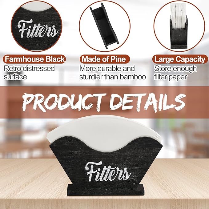 Juexica Farmhouse Cone Coffee Filter Holder Storage number 4 Rustic Wood Holder Organizer Counter Mount for Square Cone Shaped Flat Bottomed Paper(Black)