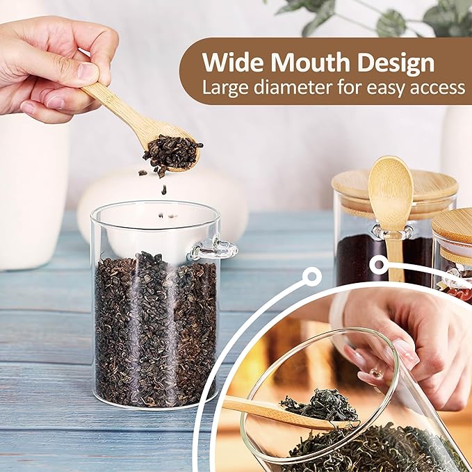 34 oz/1000 ml Glass Storage Canister with with Airtight Lid, Cute Clear Decorative Container Jar with Wooden Spoon for Coffee Spice Candy Salt Cookie Condiment Sugar Matcha Tea Overnight Oats