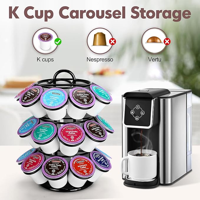 Coffee Pod Holder, K Cup Holders, 3 Tier Coffee Pod Carousel Compatible with K Cups (27 Pods), Spins 360-Degrees, Modern Black Design