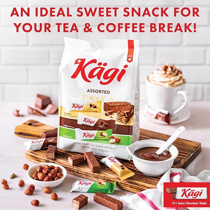 Kägi Swiss Chocolate Covered Wafers Assorted Bag – Crispy Coated, Individually Wrapped Mini-Mix of Classic, Dark & Hazelnut Flavors, 500g Bag