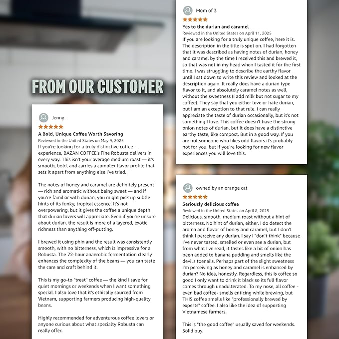 BAZAN COFFEE – Vietnamese Fine Robusta, Premium Medium Roast Whole Bean, Single Origin Specialty Coffee, 100% Natural, Anaerobic Fermented, Tropical Flavor Notes of Durian, Honey & Caramel, 12oz Bag