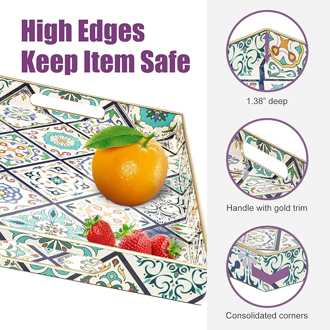 Gifturbo Serving Tray with Handles, Plastic Decorative Rectangular Tray for Coffee Table, Living Room, Home Decor, Outdoor Trays,Serving Breakfast Kitchen Platter,Boho