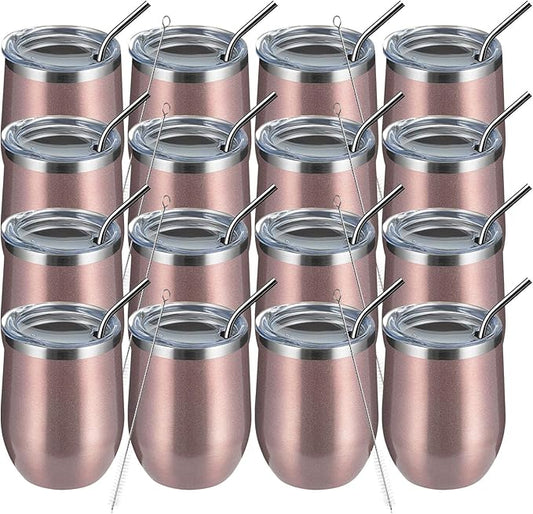 MEWAY 12oz Wine Tumbler 16 Pack Bulk Gifts for Women,Double Wall Vacuum Stainless Steel Travel Mug with Lid,Insulated Stemless Wine Cup Glass for Coffee,Cocktails,Drinks(Rose gold,Set of 16)