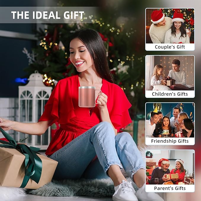 Volhoply 14oz Insulated Stainless Steel Coffee Mug with Lid Bulk 2 Pack,Double Wall Vacuum Travel Coffee Cup with Handle,Reusable Cups Tumbler,Camping Mugs Keep Hot,Ideal Gifts(Rose Gold,2)