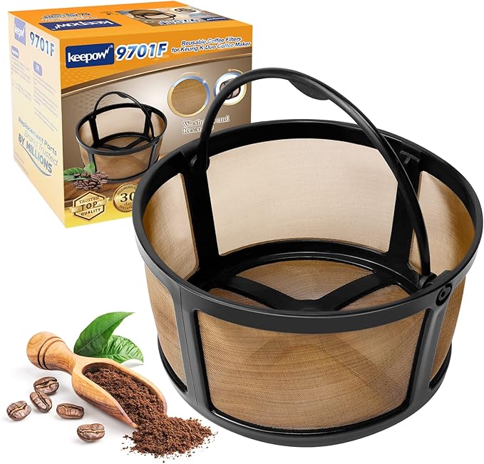 KEEPOW Reusable Coffee Filter Compatible with Keurig K-Duo Essentials and K-Duo Brewers Machine, Gold Tole Mesh Coffee Filter, 8-12 Cup Carafe Basket Coffee Makers Accessories