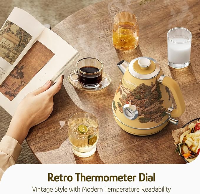 Hazel Quinn Retro Electric Kettle - 1.7 Liters / 57.5 Ounces Tea Kettle with Thermometer, All Stainless Steel, 1200 Watts Fast Boiling, BPA-free, Cordless, Automatic Shut Off - Garden Scenery