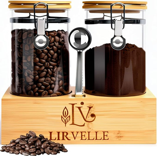 Airtight Coffee Canister with Scoop | Curated Glass Storage Set for Beans, Grounds & Sugar | 9-Piece Ritual Organizer with Bamboo Base, Versatile Artisan Spoon, Labels & Cleaning Brush