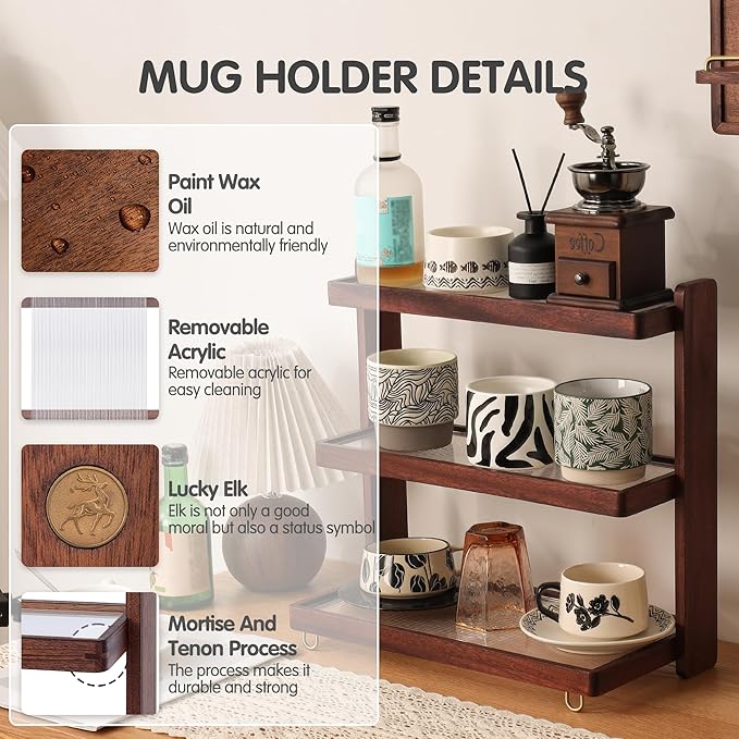Coffee Mug Holder Wooden Cup Rack,3-Tier Acrylic Home Coffee Mug Display Rack for Kitchen Countertops, Coffee Bars, for Placing Mugs, Coffee Beans, Syrup, Cups, Stirrers