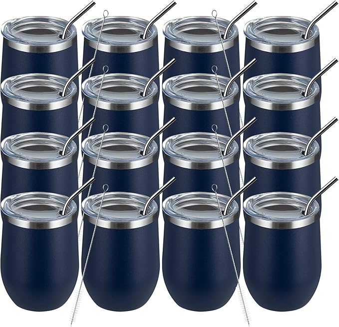 MEWAY 12oz Wine Tumbler 16 Pack Bulk Gifts for Women,Double Wall Vacuum Stainless Steel Travel Mug with Lid,Insulated Stemless Wine Cup Glass for Coffee,Cocktails,Drinks(Navy,Set of 16)