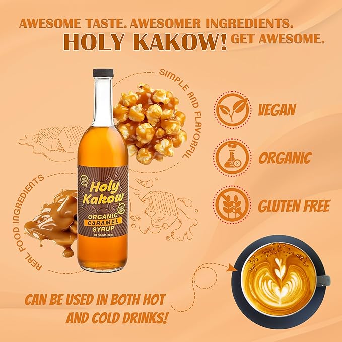 Holy Kakow Cafe Organic Caramel Syrup - Caramel Coffee Syrup, Organic Syrup for Coffee, Caramel Syrup for Coffee, Add to Latte, Cocktail and Shake, Real Food Ingredients, Specific Flavor - 750ml