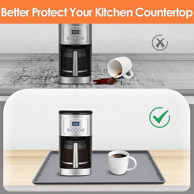 TOHONFOO Silicone Coffee Mat with Lip, 19.7'' x 15'' Heavy Duty Bar Mat, Coffee Tray for Countertop Fit Under Machine Pot Espresso Machine, Grey