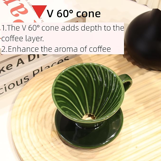 Ceramic Pour Over Coffee Dripper includes 50 Filters Porcelain Coffee Maker 01 Hand Drew Brewing Pottery Green Portable Artisanal Manual Gift for 1-2 People Home, Office, School, Camping