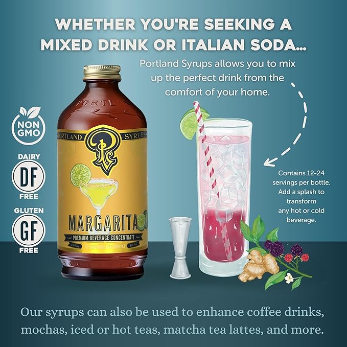 Portland Syrups Margarita Syrup - Craft Cocktail and Mocktail Mixer with Tangerine, Blood Orange, and Lime Puree - 12 oz with 24 Servings (Pack of 2)