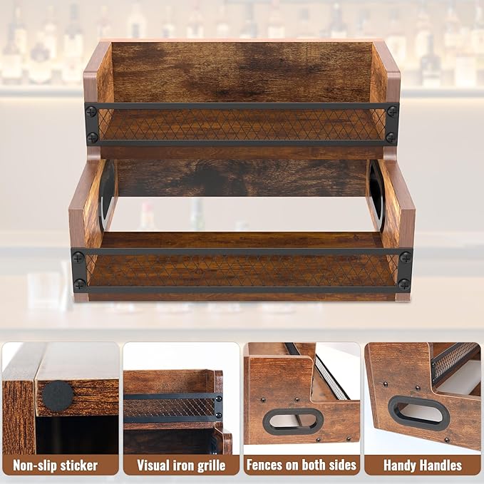 Liquor Bottle Display Shelf, Coffee Syrup Rack Organizer, 2 Step Countertop Liquor Wine Rack, 6 Bottles Coffee Station Organizer with Fences & Handles, Home Retro Bar Shelf Stand for Liquor Whiskey