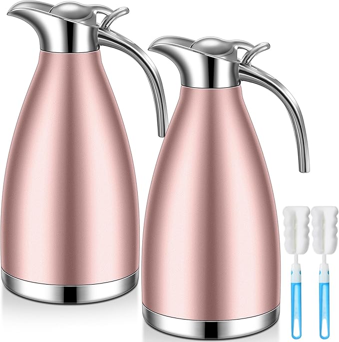 Uiifan 2 Pcs 68 oz Thermal Coffee Carafe Insulated Stainless Steel Coffee Carafe for Hot Liquids Vacuum Thermal Pot Creamer Dispenser with Brushes Keeping Hot Tea Milk Water(Rose Gold)