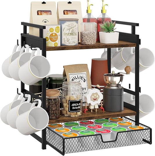 Coffee Bar Organizer, 3 Tier Coffee Station Organizer for Countertop, Mug Cup Holder Stand with 12 Hooks, with K Cup Storage Drawer, Tea Organizers Accessories for Home Office