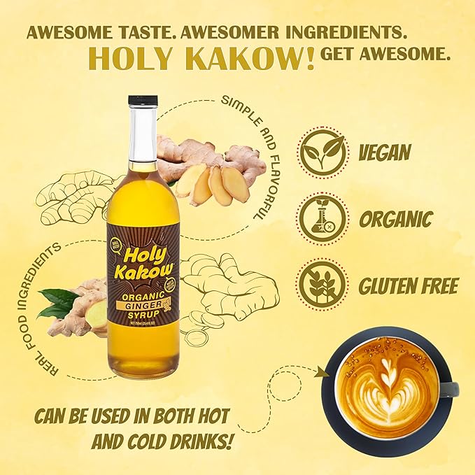 Holy Kakow Cafe Organic Ginger Syrup - Ginger Syrup, Coffee Syrup, Organic Syrup for Coffee, Ginger Syrup for Coffee, Add to Latte, Cocktail and Shake, Real Food Ingredients, Specific Flavor - 750ml