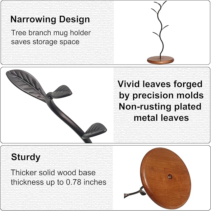 Coffee Mug Holder Tree Rack for Counter,Leaf Shaped Tea Cup Mug Holder Stand for Countertop,Perfect Coffee Bar Accessory & Kitchen Home Organizer Black