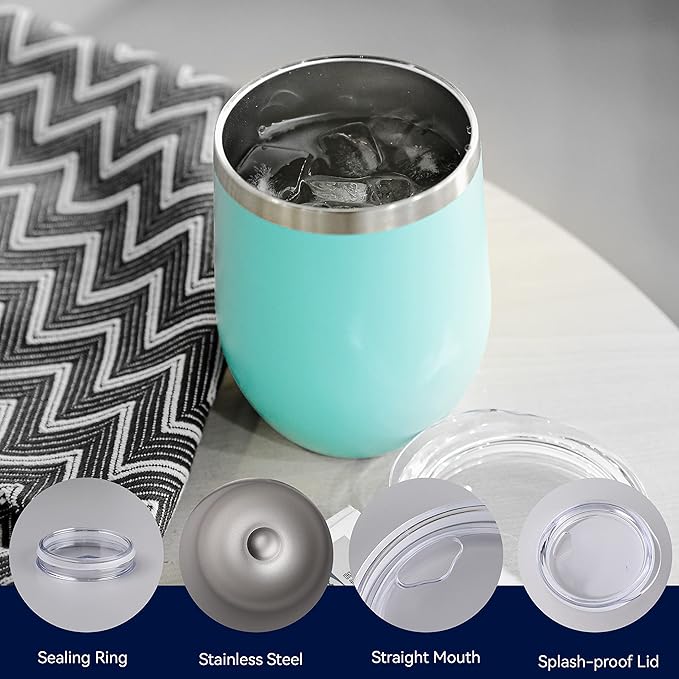 DOMICARE Stainless Steel Wine Tumbler Bulk with Lid, Personalized Insulated Tumblers Set, 12oz Travel Coffee Cups Pack of 8, Light Blue