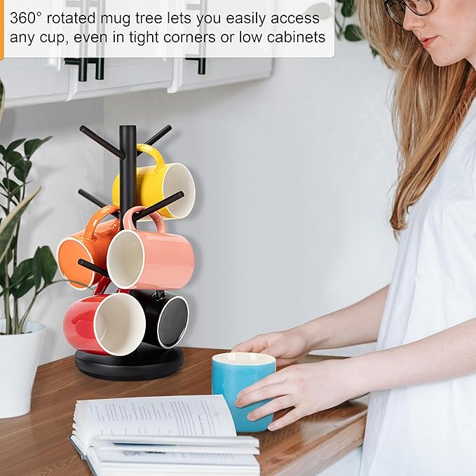 MyLifeUNIT Mug Holder Tree, 360° Rotated Coffee Cup Holder with 6 Hooks, Wooden Coffee Mug Holder Organizer for Counter Top, Coffee Bar Accessories (Black)